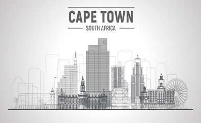 Cape Town line skyline with panorama in white background. Vector Illustration. Business travel and tourism concept with modern buildings. Image for presentation, banner, website. - obrazy, fototapety, plakaty