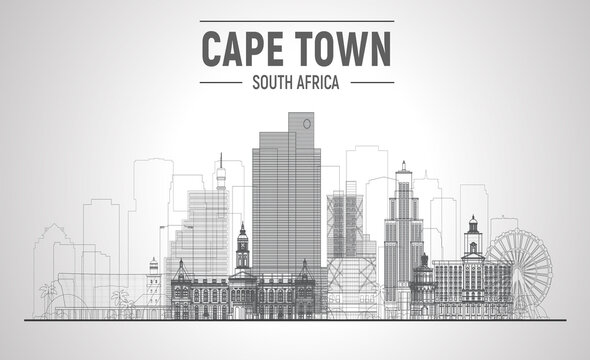 Cape Town line skyline with panorama in white background. Vector Illustration. Business travel and tourism concept with modern buildings. Image for presentation, banner, website.
