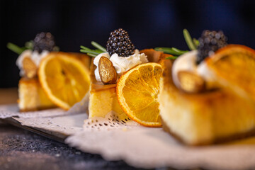 tiramisu dessert with berry and lemon close-up