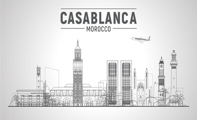 Casablanca, ( Morocco) line city skyline vector illustration sky background. Business travel and tourism concept with modern buildings. Image for presentation, banner, web site.