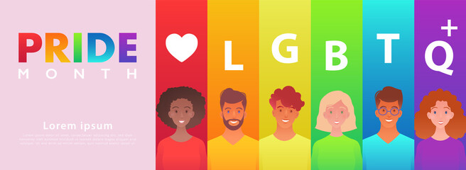 LGBTQ plus PRIDE vector banner with portraits of diverse people on striped rainbow vector background