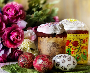 Easter eggs, flowers and cakes before the holiday.