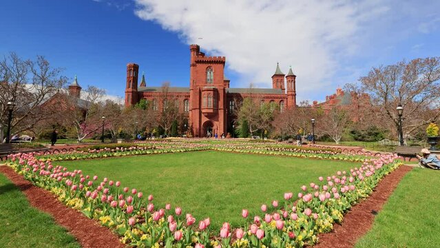 Sunny exterior view of the Smithsonian Castle