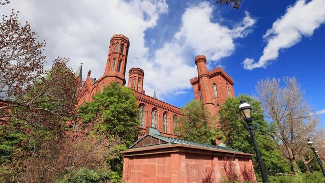 Sunny exterior view of the Smithsonian Castle