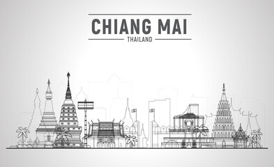 Fototapeta premium Chiang Mai Thailand line skyline with panorama in white background. Vector Illustration. Business travel and tourism concept with modern buildings. Image for banner or website.