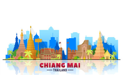 Chiang Mai Thailand skyline with panorama in white background. Vector Illustration. Business travel and tourism concept with modern buildings. Image for banner or website.