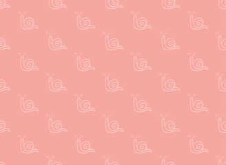 Cute snail on pale pink background, vector seamless pattern. Hand drawn line drawing. Wallpaper for a children's room, textiles, covers, paper packaging, children's clothing