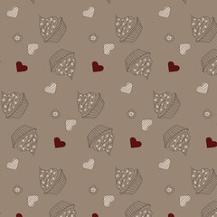 fabric pattern for a cafe with cupcakes and hearts in line art style on a beige background with black stripes and burgundy hearts for lovers or for a bakery