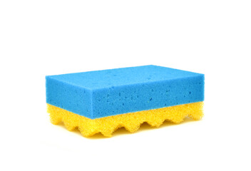 yellow blue shower sponge on a white background