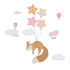 A cute Fox cub is flying in balloons. Red fox among the clouds. Balloons and airship. Children's illustration, Cute print, vector. Isolated on a white background.