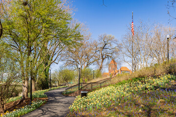 Sunny view of many flower blossom in Francis Scott Key Memorial