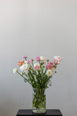 Ranunculus flowers in a vase. Place for text. Grey background