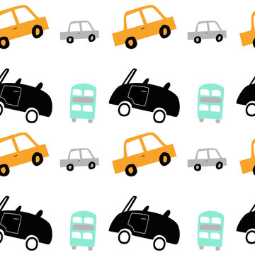 Kids seamless pattern with cars in doodle style.