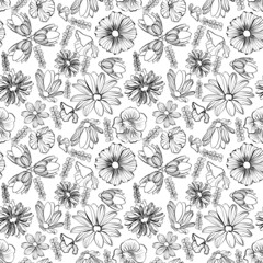 Seamless floral pattern with spring flowers in doodle technique on a white background vector illustration 