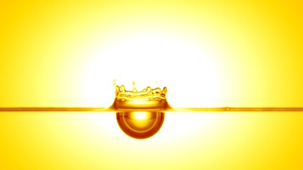 A drop falls down on transparent liquid surface creating crown splash on yellow background | Abstract cosmetics mixing concept