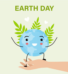 Earth Day cartoon card, Earth Day vector illustration.Happy Mother Earth Day illustration with smiling earth planet character with curlers, love and hands. Ecology, world environment day