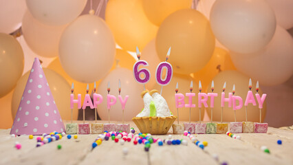Beautiful background happy birthday number 60 with burning candles,birthday candles pink letters...