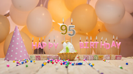 Beautiful background happy birthday number 95 with burning candles,birthday candles pink letters...