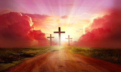 The Way to God.Highway to Heaven.  Red  sky at sunset. Beautiful landscape with road.Jesus cross concept. A road leads up to cross. Religion Christianity background