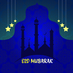 Eid Mubarak poster or banner design with Mosque, moon and lantern decoration