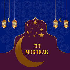 Eid Mubarak poster or banner design with Mosque, moon and lantern decoration