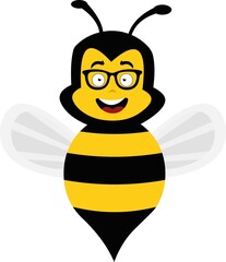 Vector illustration of a cartoon bee with a happy expression and nerd glasses