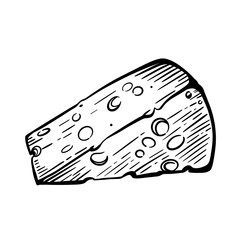 A piece of cheese on a white background sketch. Dairy products. Hand-drawn illustration