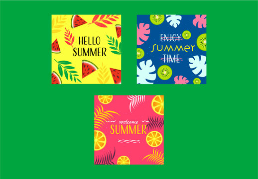 Set of Summertime Poster Design Decorated with Fruits and Tropical Leaves