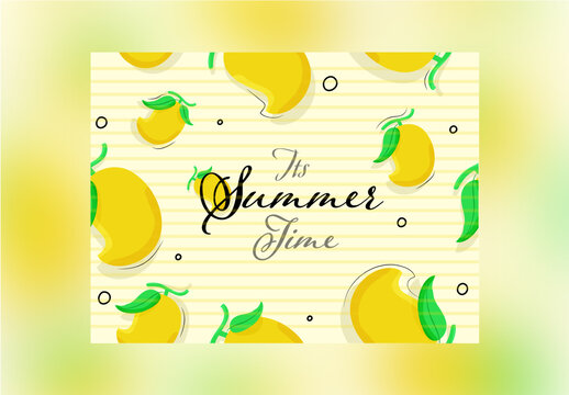 Summertime Font on Yellow Striped Background Decorated with Mangoes
