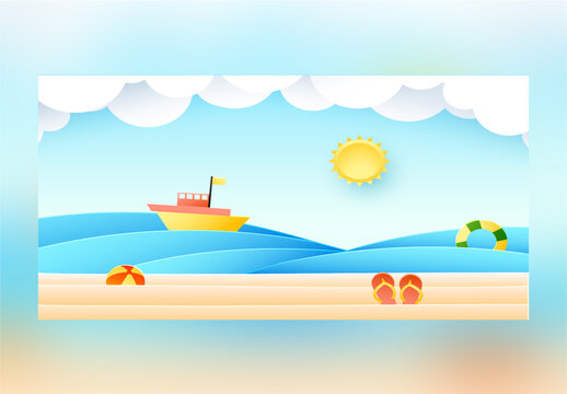 Paper Cut Beach Background with Sun Ship Ball Slipper and Swimming Ring