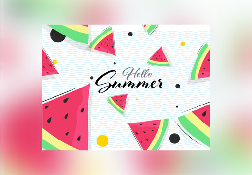 Hello Summer Font and Watermelon Slices Decorated on White Wave Line Background