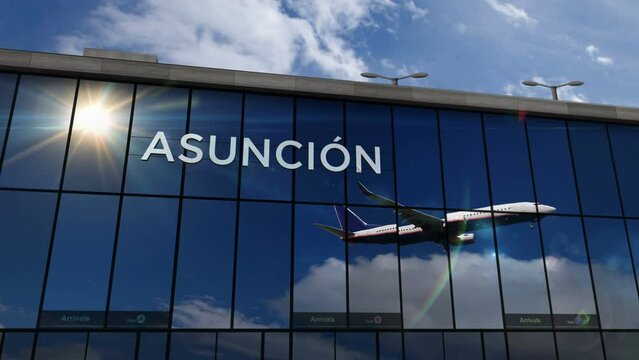 Plane landing at Asuncion, Paraguay, Asunción 3D rendering animation. Arrival in the city with the glass airport terminal and reflection of the jet aircraft. Travel, business, tourism and transport co