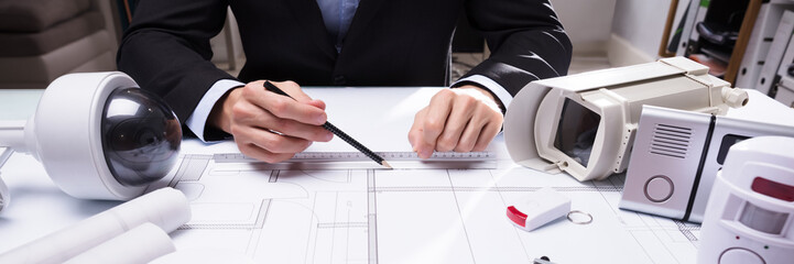 Close-up Of An Architect's Hand Drawing Blueprint