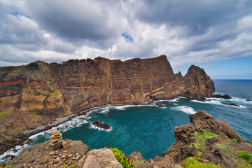 Fototapeta premium Ponta de Sao Lourenco, Madeira,Portugal. Beautiful scenic mountain view of green landscape,cliffs and Atlantic Ocean.