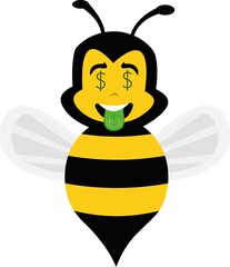 Vector character illustration of a cartoon bee with the dollar symbol in its eyes and tongue