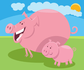 cartoon pig mom farm animal character with little piglet