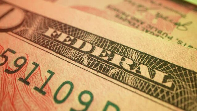 Extreme Close Up Macro Detail Of US Currency Fifty Dollar Bill With Incredibly Detail Anti Counterfeiting Measures Such As Metallic Ink, Along With Intricate Patterns And Text