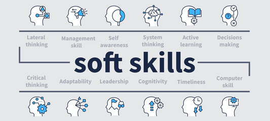 Life skills infographic. Cognitivity, influence and timeliness and more. Soft skills presentation. Personality strengths layout, info chart, banner