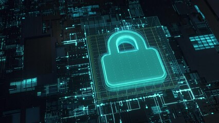 Cybersecurity, cyberwar concept. Energy flows from protected server. 4K CGI animation.