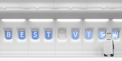 Plane portholes with BEST VIEW text, 3d rendering
