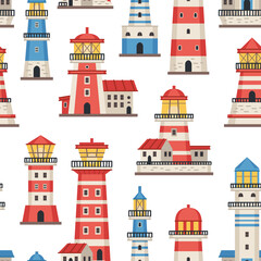 Vector flat style lighthouses with searchlight, marine navigation seamless pattern. Nautical elements theme. Sea wallpaper. For children designs, textiles, packaging. Vector illustration