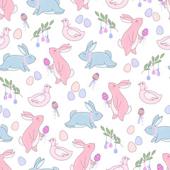 Seamless Easter pattern with rabbits and geese. Vector illustration in cute doodle style.