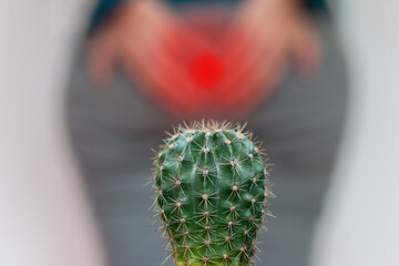 A cactus opposite the woman in the pants holding his by the ass, close up. Medical concept of...