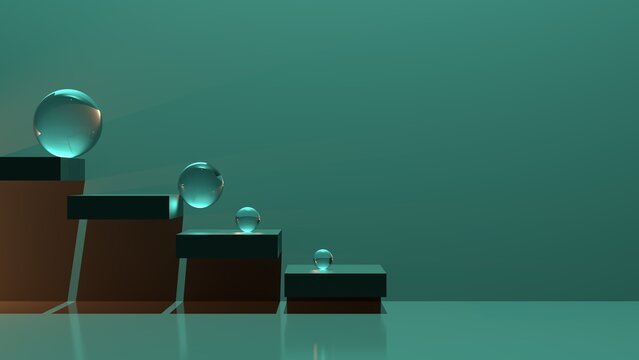 Balls on the steps abstraction green. Glass balls on steps design. 3D render illustration.