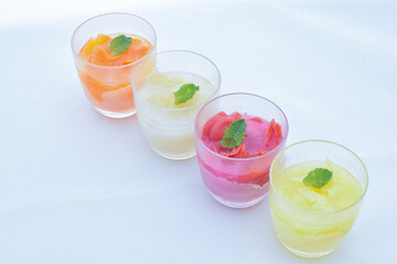 Four kind of Fruits Sorbet on the white table, Summer image