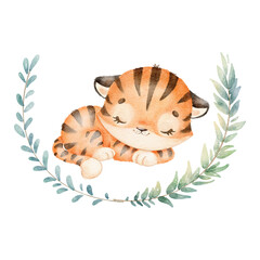Digital watercolor. Digitally drawn illustration of a cute cartoon tiger sleeping isolated on a white background. Little cute watercolor animals.