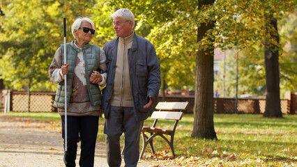 Aged Caucasian couple having a walk in the park holding hands blind woman is in glasses and with a stick disabled people rehabilitation concept medium full shot selective focus copy space . High