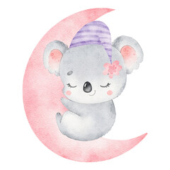 Digital watercolor. Digitally drawn illustration of cute cartoon koala sleeping isolated on white background. Little cute watercolor animals. © Bonbonny