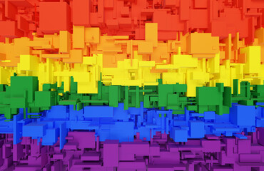 A wall formed by squares painted in the color of the lgbtq flag. Modern geometric background