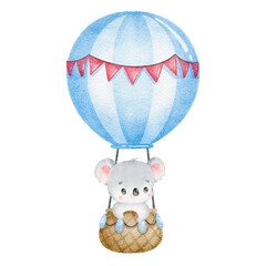 Digital watercolor. Digitally drawn illustration of a cute cartoon koala in a hot air balloon isolated on a white background. Little cute watercolor animals.